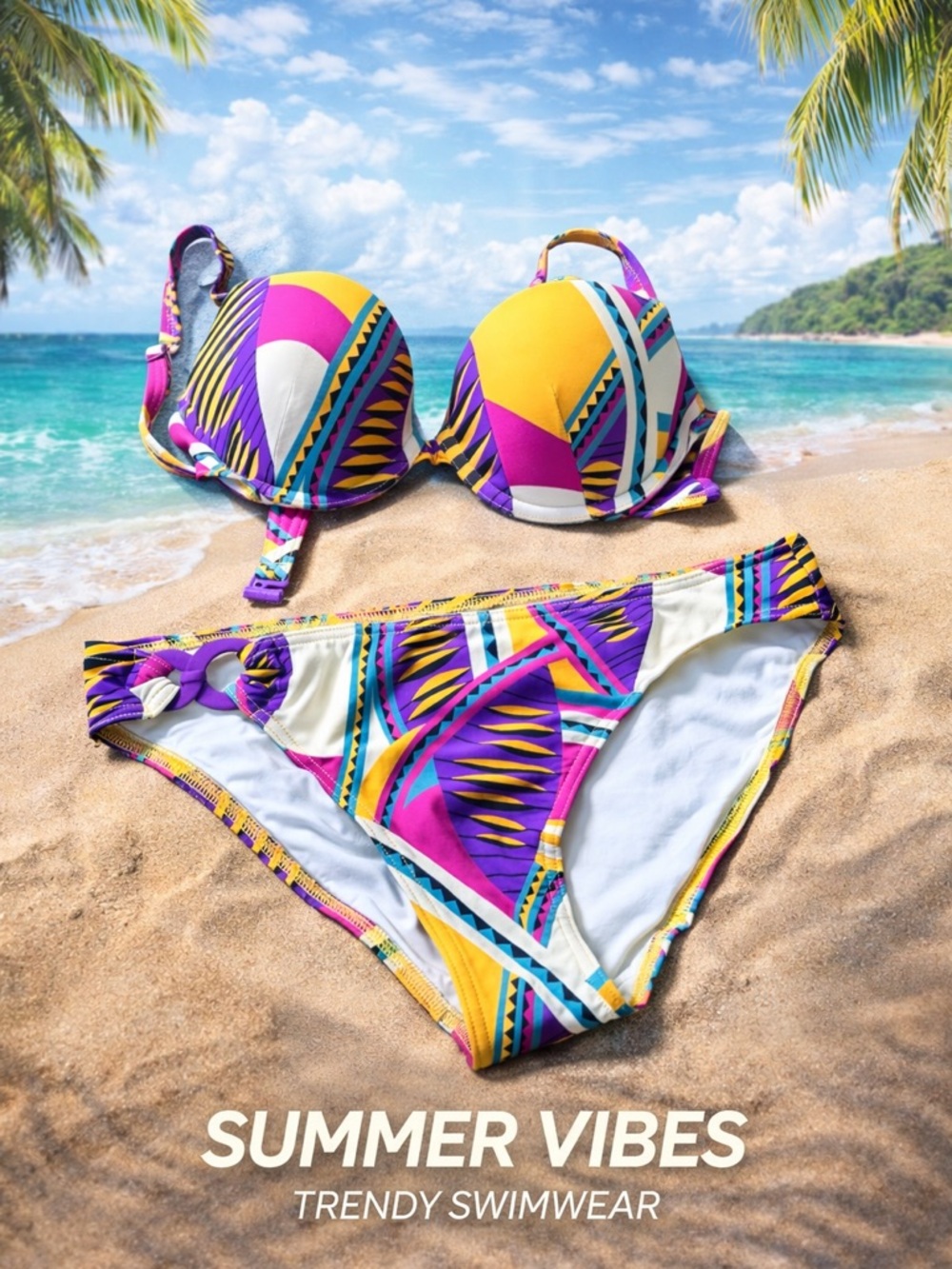 Anthropologie Purple, Yellow & White Geometric Bikini Set